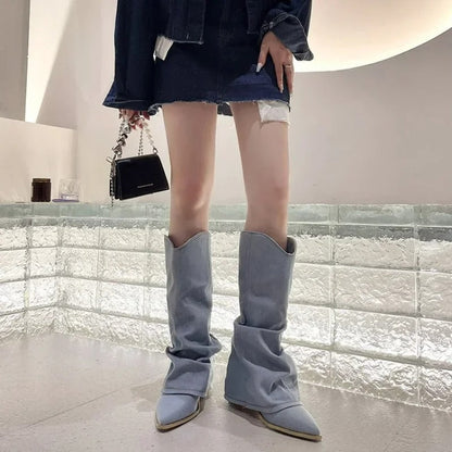 Women's Knee-High Denim Cowboy Boots