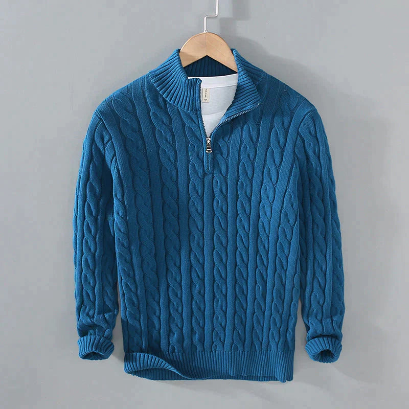 Men's henley sweater with cable pattern and zipper