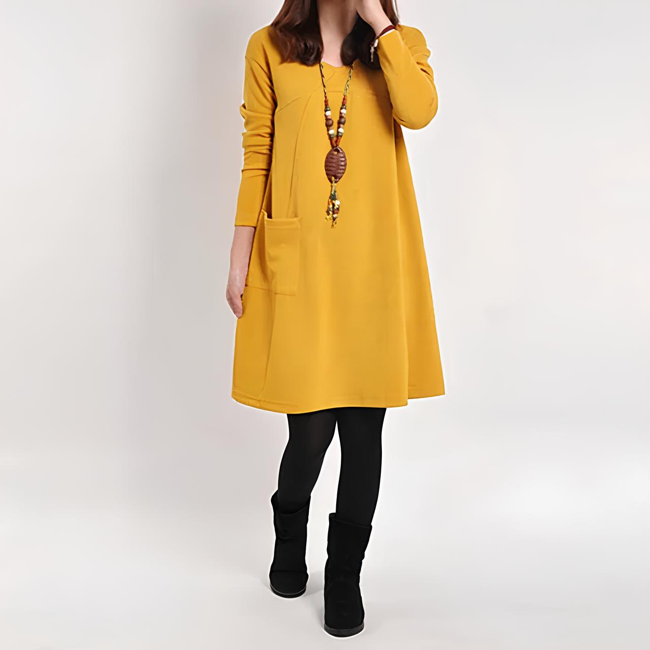 Women's A-Line Dress - Long Sleeve Loose Fit - Round Neck with Front Pockets