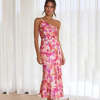 Women's One-Shoulder Dress - Satin-Like Fabric - Midi Length - Elegant A-Line Fit