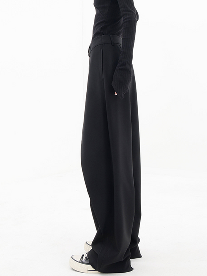 Women’s Wide-Leg Trousers - High Waist - Asymmetric Draped Overlay - Button Detail