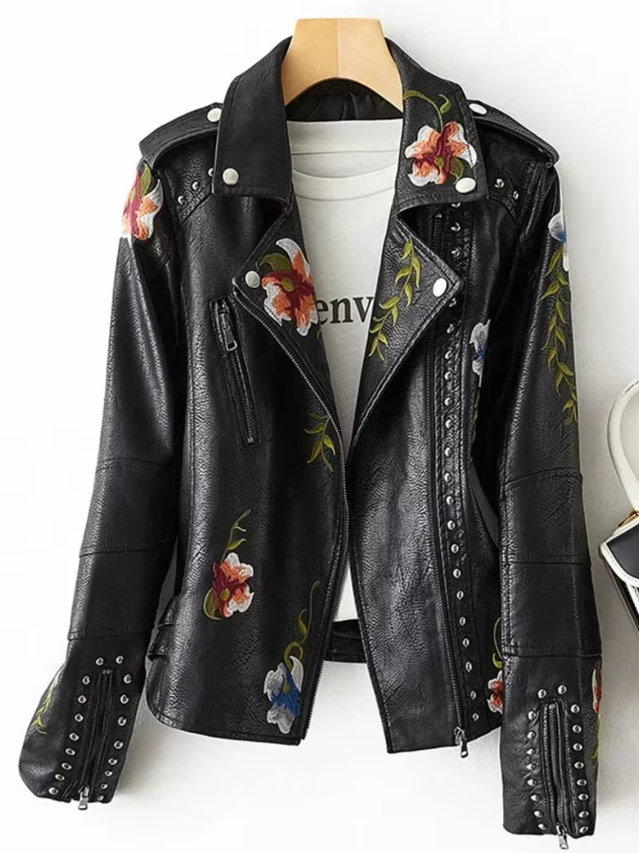 Women’s Leather Jacket – Tailored Biker Fit – Embroidered Floral – Studded Zip Detail