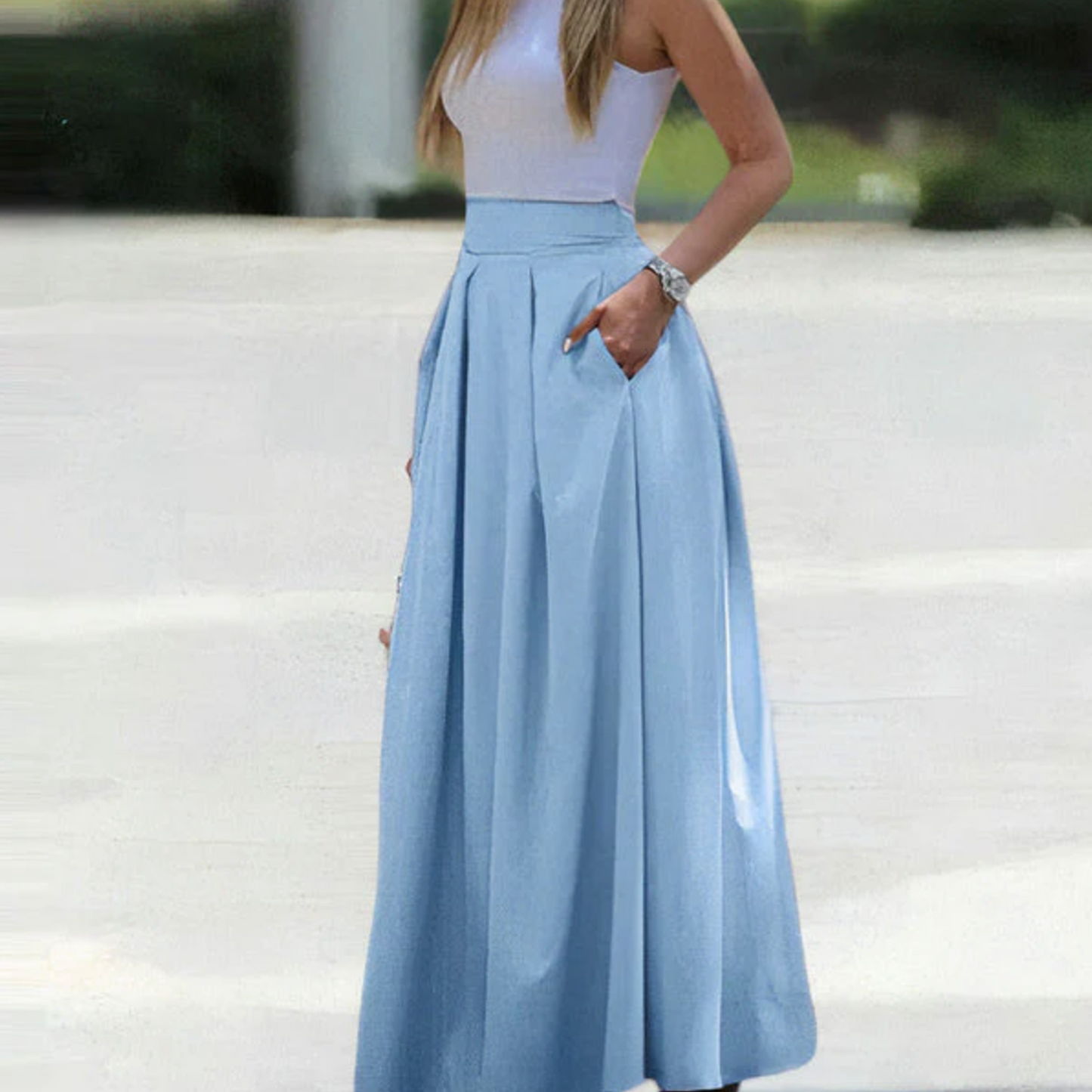 Women’s Maxi Skirt – High Waist – Pleated Full Fit – Breathable Blend – With Pockets