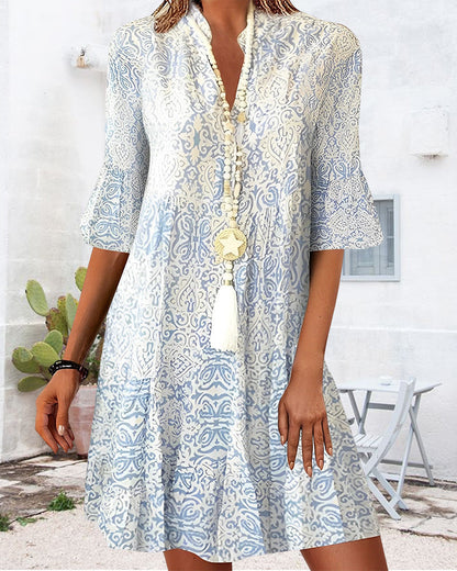 Women’s Mini Dress – Relaxed Fit – V-Neck – Flared Half Sleeve – Boho Pattern – Breathable Blend