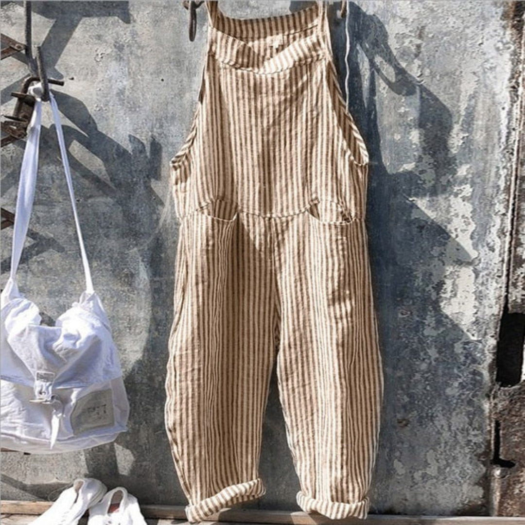 Women’s Jumpsuit – Relaxed Fit – Sleeveless – Wide Leg – Natural Fibers – Gingham Print