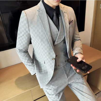 Men's Business Three-Piece Suit with Check Pattern