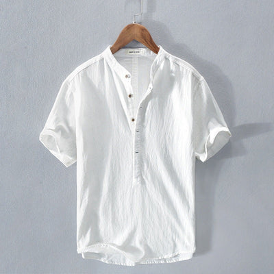 Men’s Short Sleeve Shirt – Relaxed Fit – Mandarin Collar – Natural Fibers – Casual Style