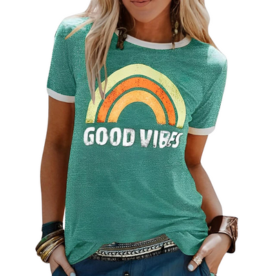 Women’s T-shirt – Relaxed Fit – Soft Knit – Ribbed Trim – Graphic Front Casual Wear