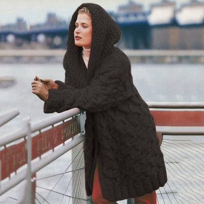 Women’s Long Cardigan – Oversized Fit – Soft Knit – Cable Knit – Hooded Open Front