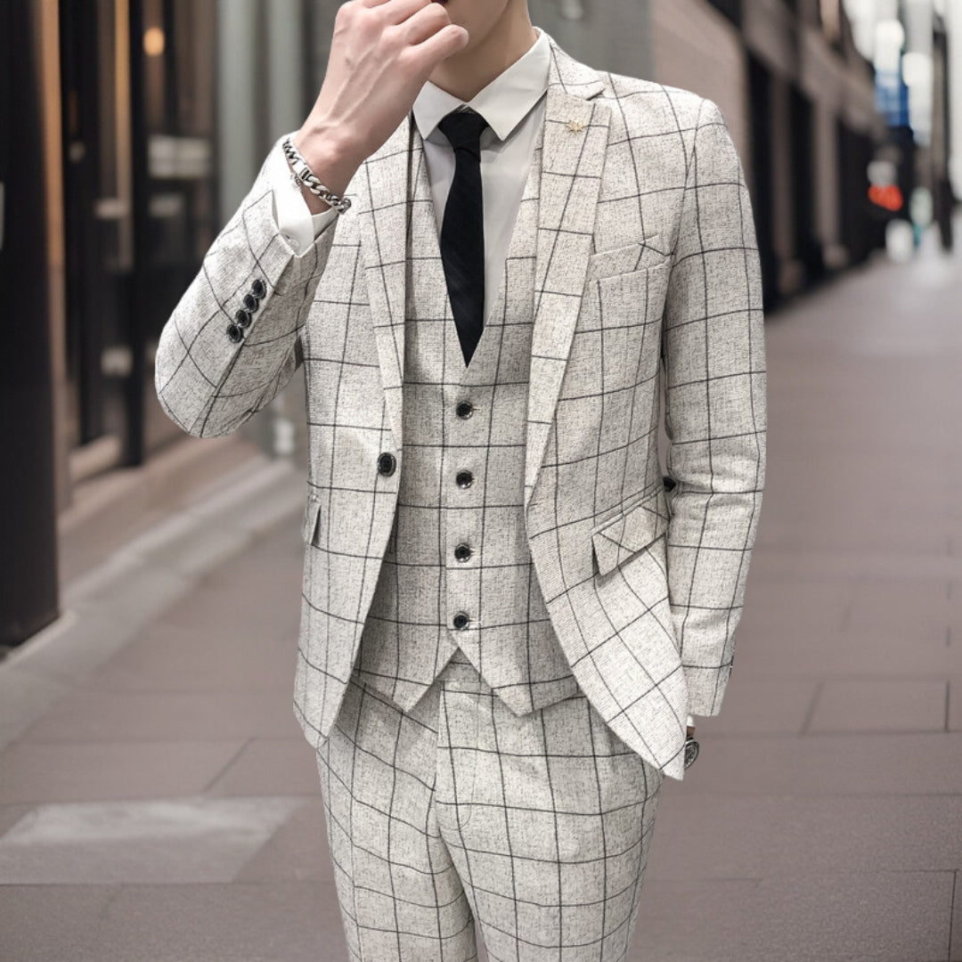Men’s 3-Piece Suit – Slim Fit – Grid Pattern – Wool Blend – Formal Tailored Wear
