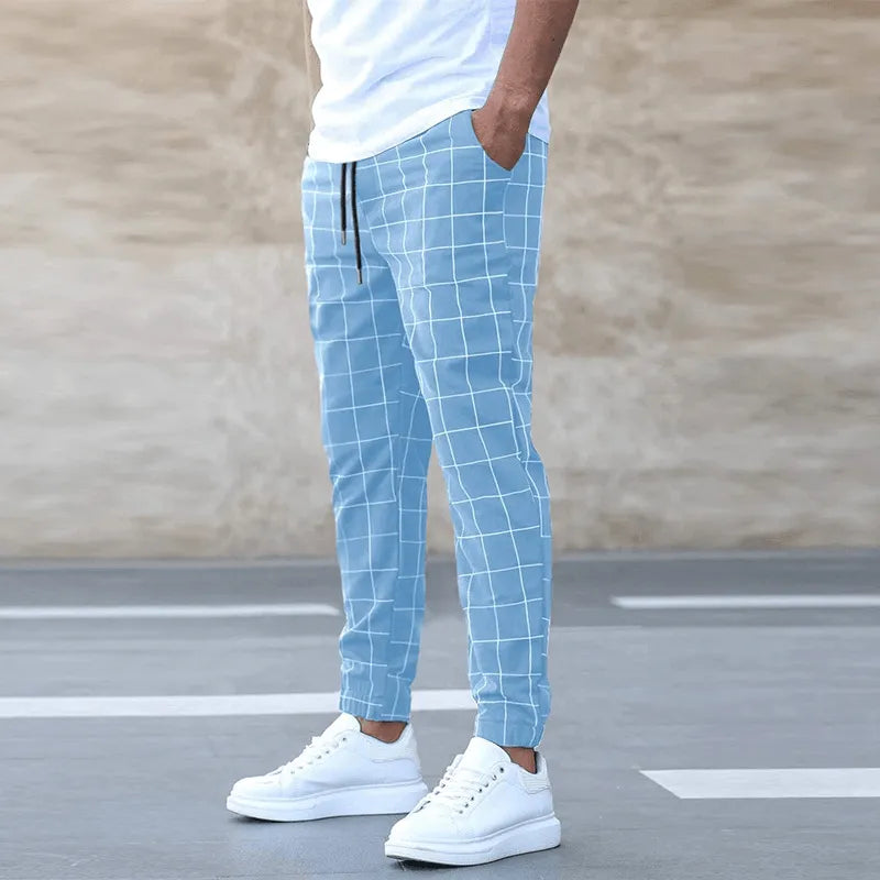 Men’s Slim Fit Jogger Pants - Grid Pattern - Elastic Waistband - Adjustable Drawstring