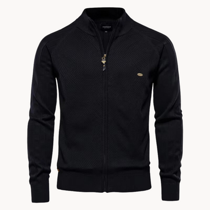 Men’s Jacket – Slim Fit – Knitted Wool Blend – Zip-Up – Ribbed Trim – Herringbone Pattern