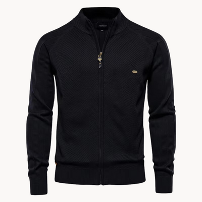 Men’s Jacket – Slim Fit – Knitted Wool Blend – Zip-Up – Ribbed Trim – Herringbone Pattern