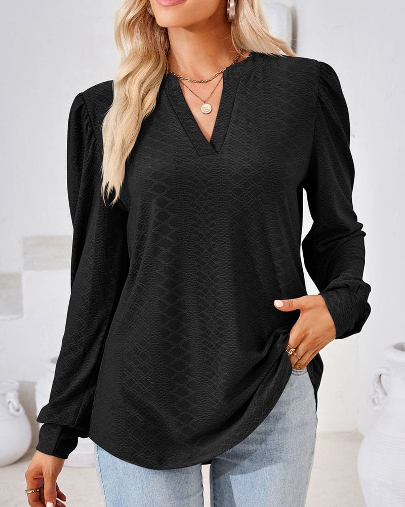 Women's Blouse - V-Neck - Loose Fit - Long Sleeves with Puff Shoulders - Elegant Style