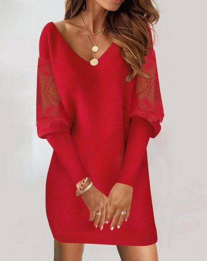 Women's Dress - V-Neck - Sheer Long Sleeves with Floral Embroidery - Elegant Fit