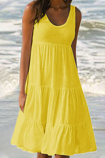 Stylish Sweet Solid Patchwork Tiered Cake Skirt Dresses with Round Neck