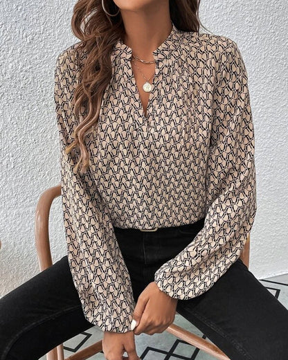 Women's printed long sleeve v neck blouse