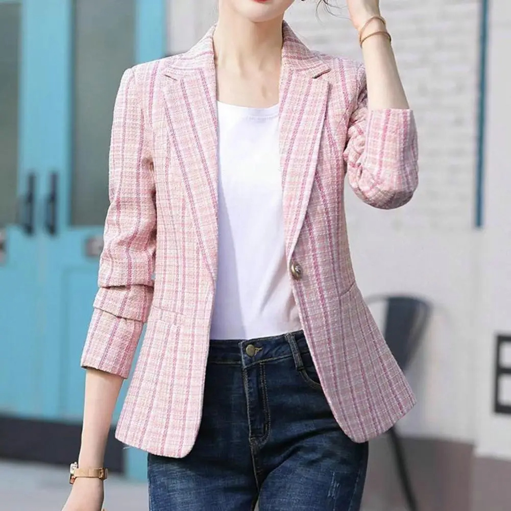 Women’s Blazer – Tailored Fit – Textured Woven – Checkered Pattern – Single Button