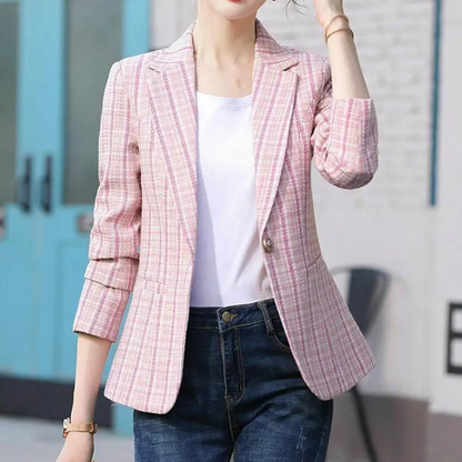 Women’s Blazer – Tailored Fit – Textured Woven – Checkered Pattern – Single Button
