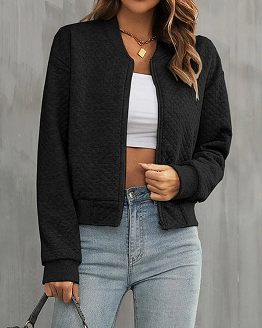 Women’s Bomber Jacket – Quilted Fabric – Cropped Fit – Zip Front – Ribbed Trim