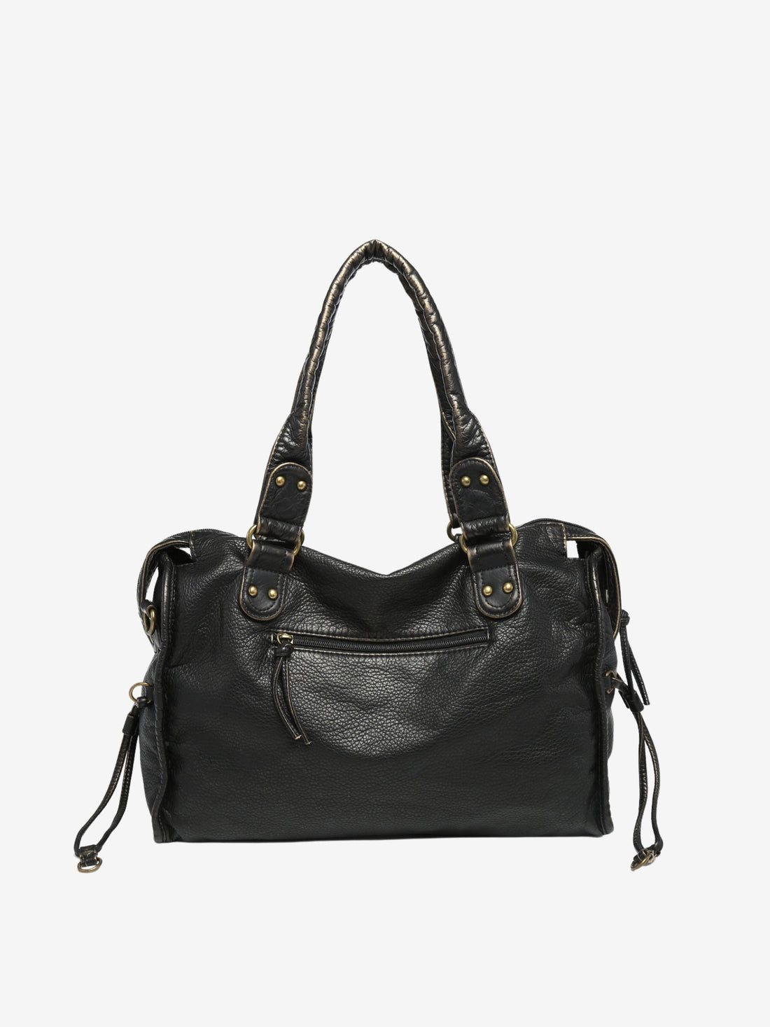 Women’s Shoulder Bag – Textured Leather Look – Braided Trim – Zipped Compartments – Metal Accents