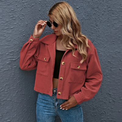 Women's Corduroy Jacket - Cropped Relaxed Fit - Button-Up Shirt Collar - Long Sleeve