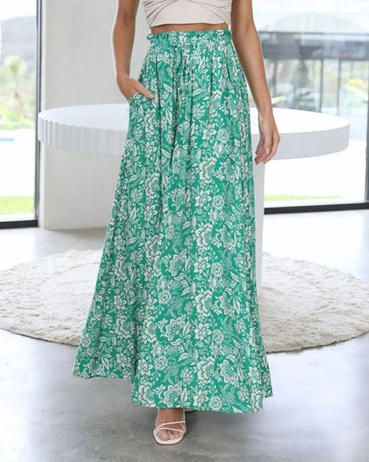 Women's Maxi Skirt - Floral Print - High Waist A-Line - Lightweight & Flowy