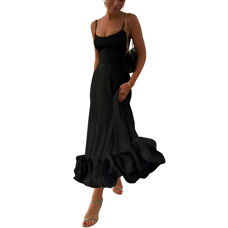 Women's Evening Dress - Spaghetti Straps - A-Line Silhouette - Ruffled Hem - Elegant Fit