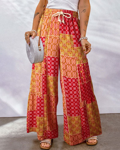 Women's Palazzo Trousers - High Waist - Wide Leg - Adjustable Drawstring - Boho Print