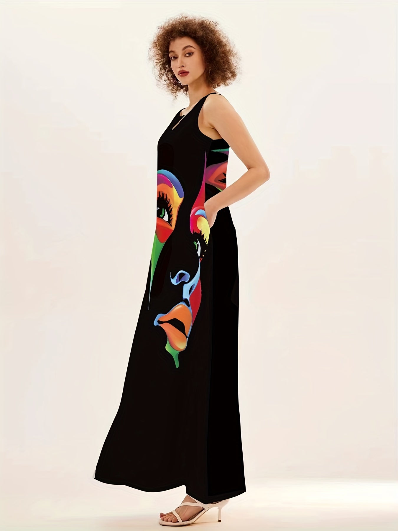 Women's Maxi Dress - Sleeveless Flowing Fit - V-Neck Artistic Face Print