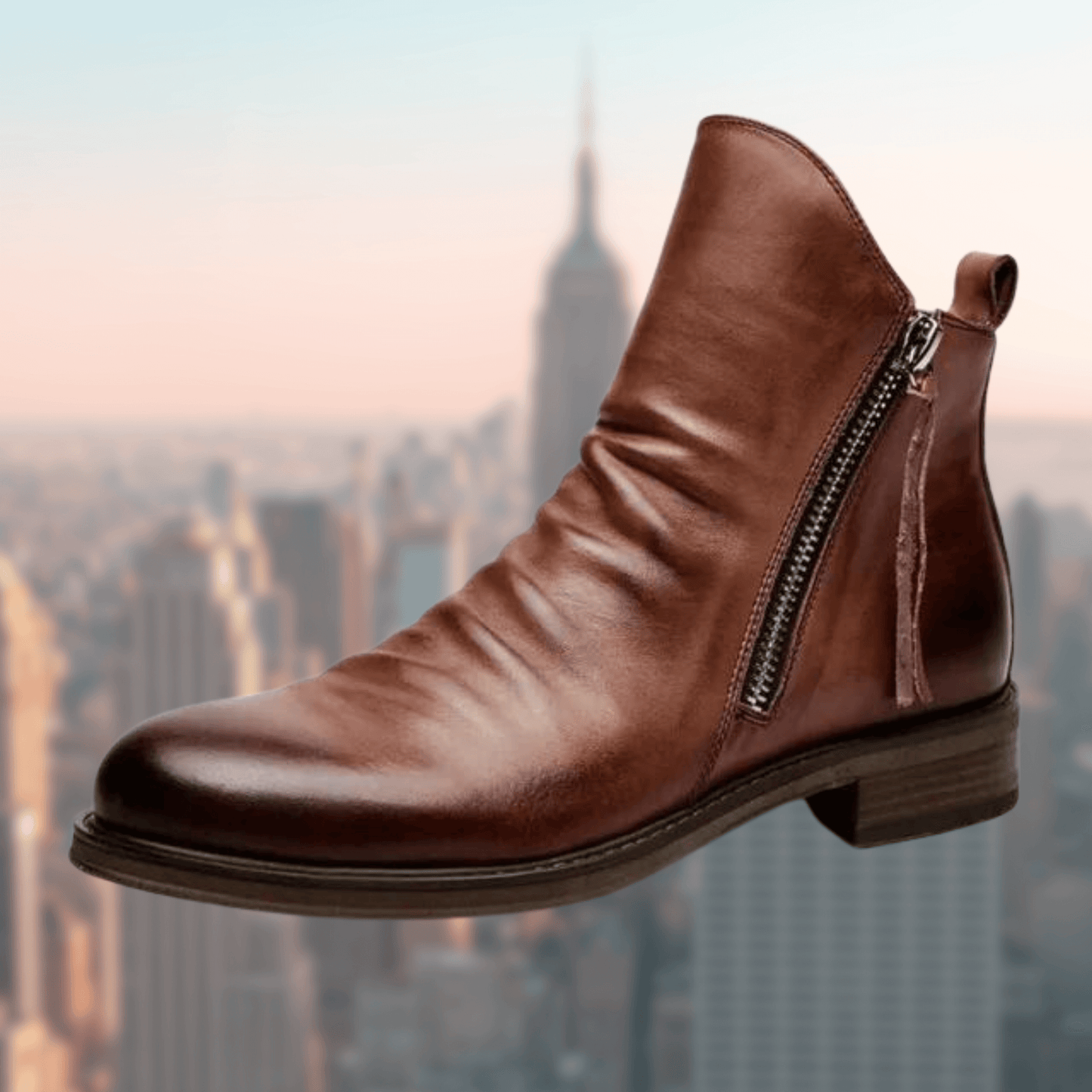 Women’s Ankle Boots – Smooth Leather – Side Zipper – Rounded Toe – Low Heel