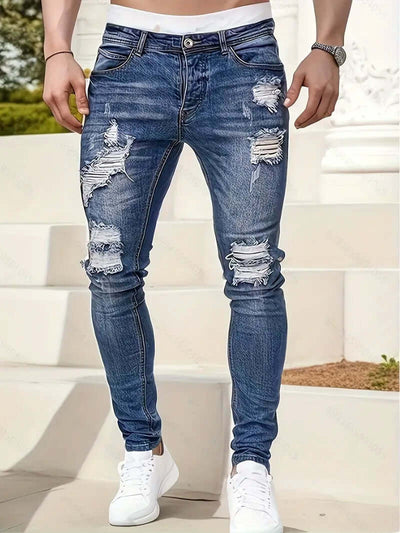 Men’s Skinny Jeans – Distressed Denim – Ripped Knees – Full Length Casual Fit