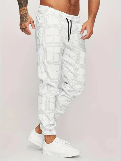 Men’s Jogger Pants - Plaid Pattern - Elastic Waistband - Adjustable Fit - Casual Wear