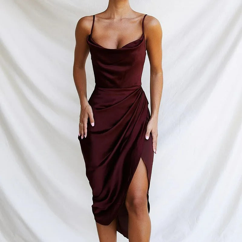 Satin Dress with Ruffles and Slim Straps