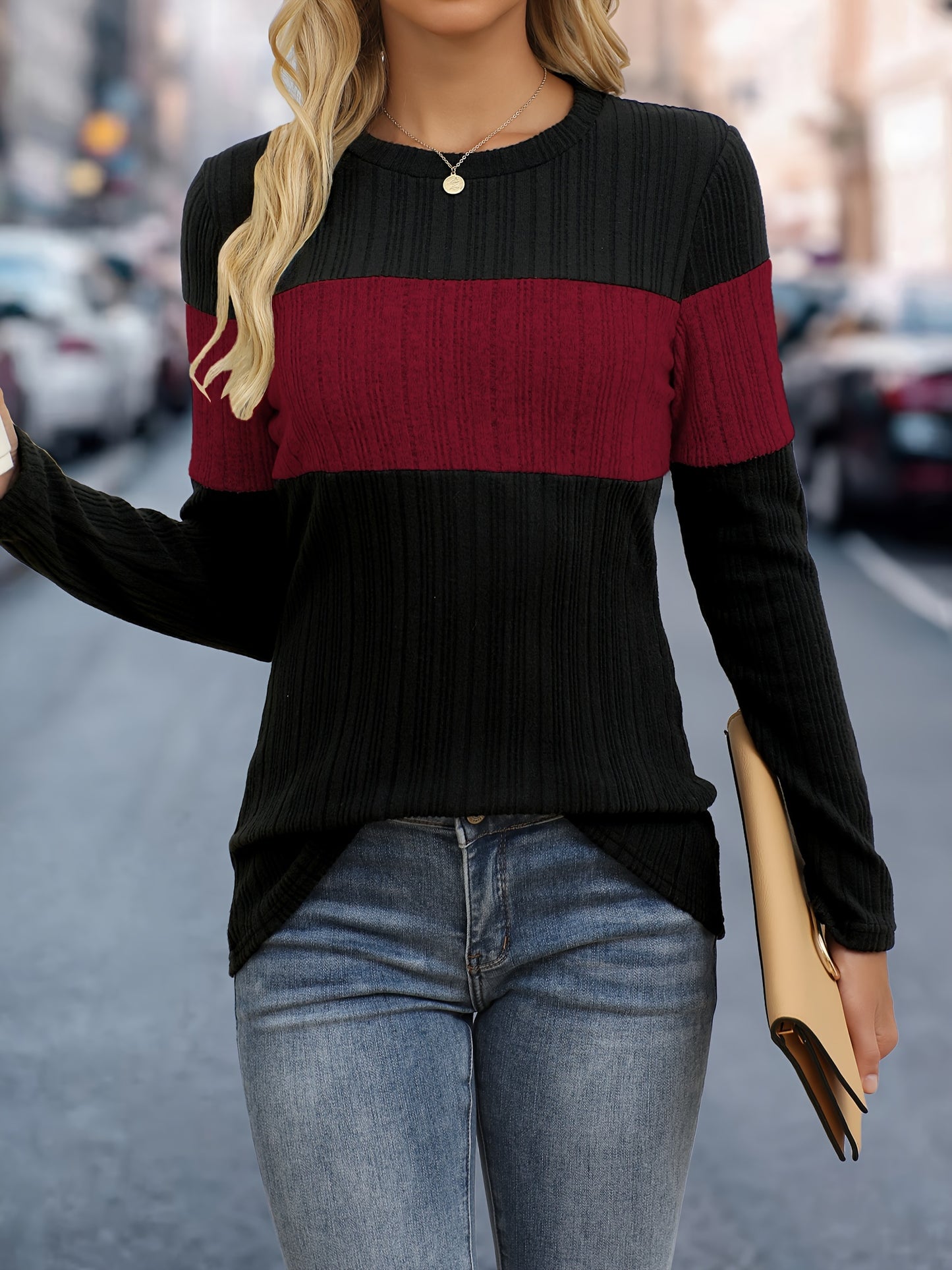 Women's Knit Sweater - Ribbed Texture - Long Sleeve Crew Neck - Stylish Casual Wear