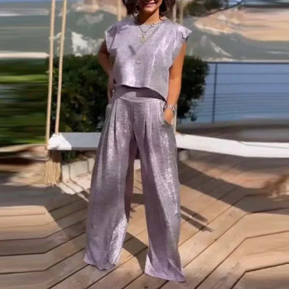 Women’s Two-Piece Set – Sleeveless Crop Top – High-Waist Wide-Leg Trousers – Silk Feel