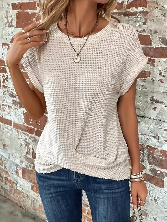 Women's Knit Top - Waffle Texture - Loose Fit - Round Neck - Breathable Casual Wear