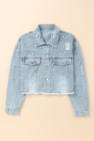 Women's denim jacket with raw hem and pearl trim