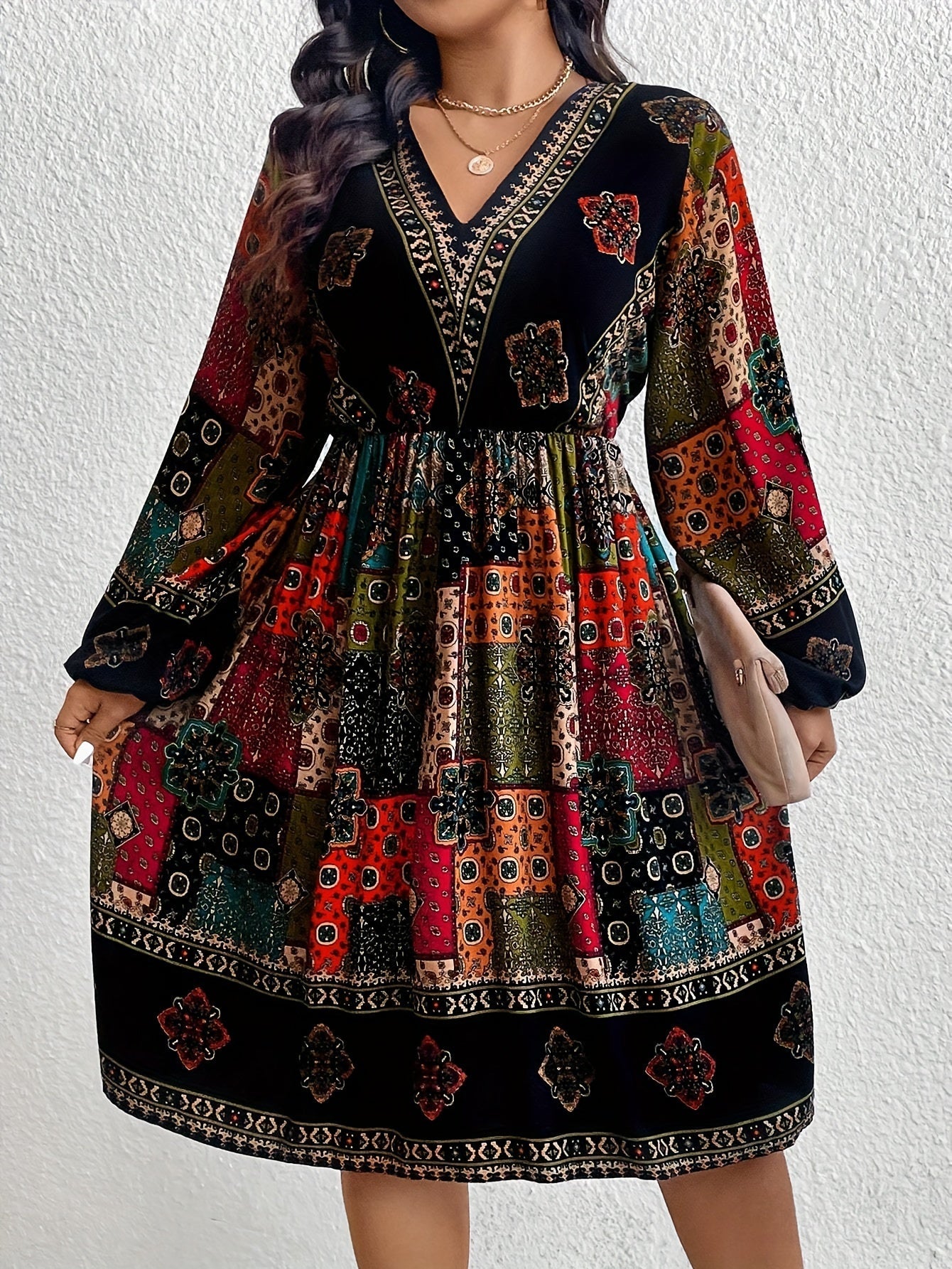 Women's Bohemian Midi Dress - V-Neck Paisley Patchwork - Long Sleeve Flowy Fit