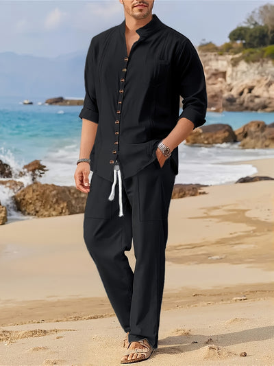 Men’s Beachwear Set - Long Sleeve Button-Up Shirt & Drawstring Trousers - Relaxed Fit
