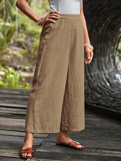 Women's Wide-Leg Trousers - High Waist - Lightweight Breathable Fabric - Side Slit Detail