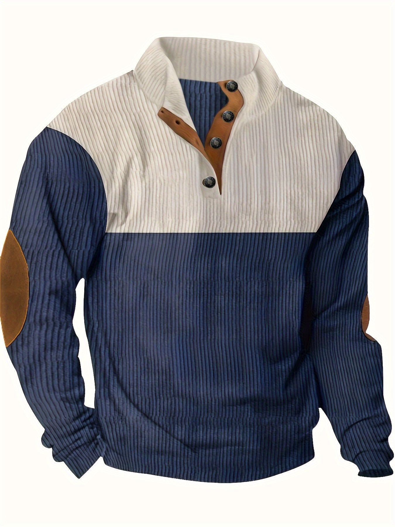 Men’s Ribbed Pullover Sweater - Quarter Button - Stand Collar - Long Sleeve - Elbow Patches
