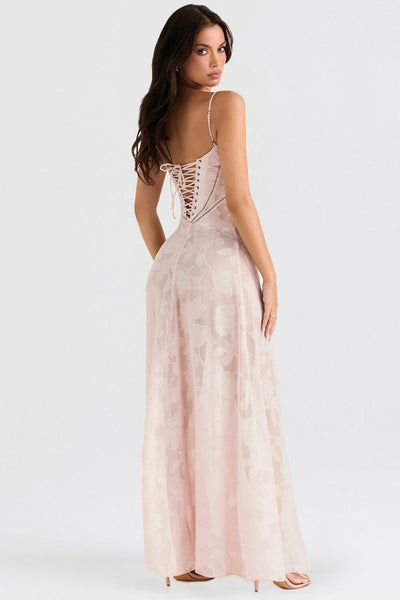 Women’s Maxi Dress – Slim Fit – Chiffon – Floral Pattern – Thin Straps – Formal Wear