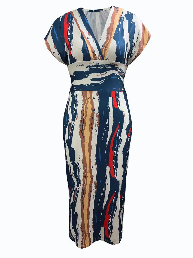 Women's Bodycon Dress - Patchwork Denim - Midi Length - V-Neck Short Sleeve
