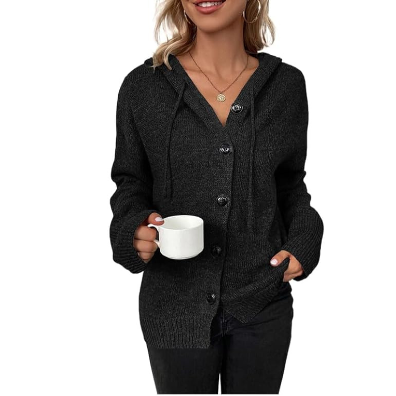 Women’s Knitted Cardigan – Soft Knit – Oversized Fit – Hooded – Button Front Layer
