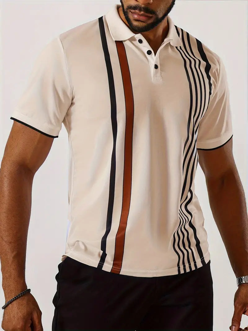 Men’s Polo Shirt - Slim Fit - Short Sleeve - Vertical Stripe Pattern - Classic Collar