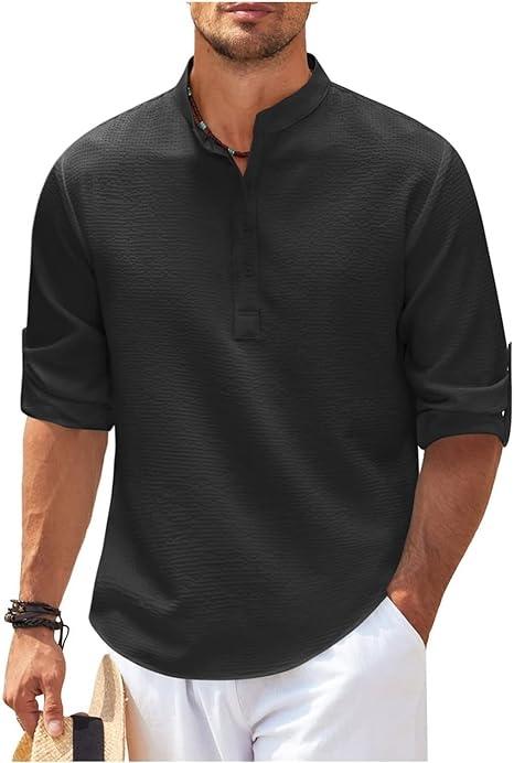 Men’s Henley Shirt - Long Sleeve Roll-Up - Relaxed Fit - Lightweight Breathable Fabric