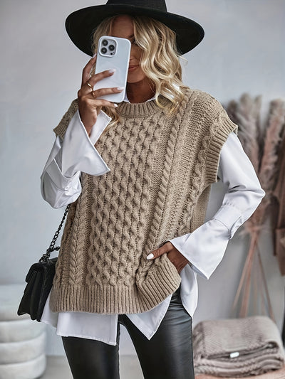 Women's Knitted Vest - Cable Knit - Sleeveless - Relaxed Fit - Layering Piece