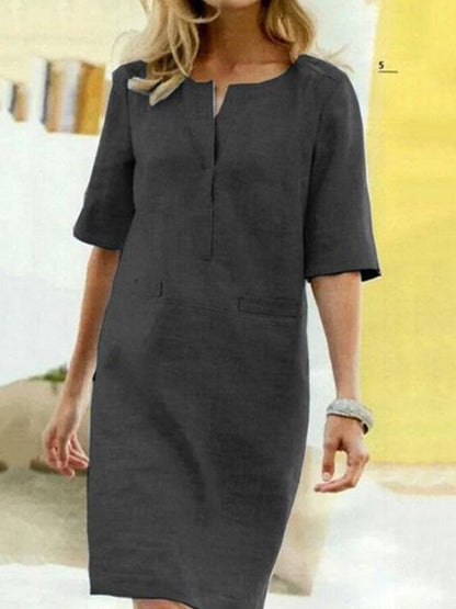 Women's Shift Dress - Cotton Linen Blend - Knee Length - Half Sleeve - V-Slit Neck