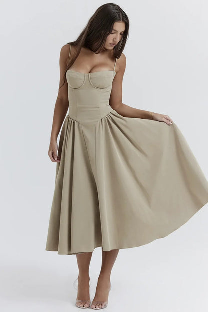 Women’s Midi Dress – Corset Bodice – A-Line Fit – Spaghetti Straps – Soft Fabric